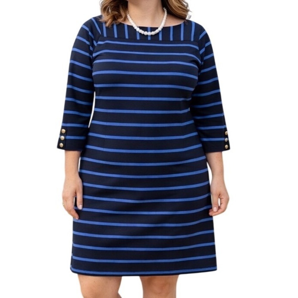 Talbots Plus Ponte Knit Shift Dress‎ Size 16W Navy Blue Gold Decor Buttons